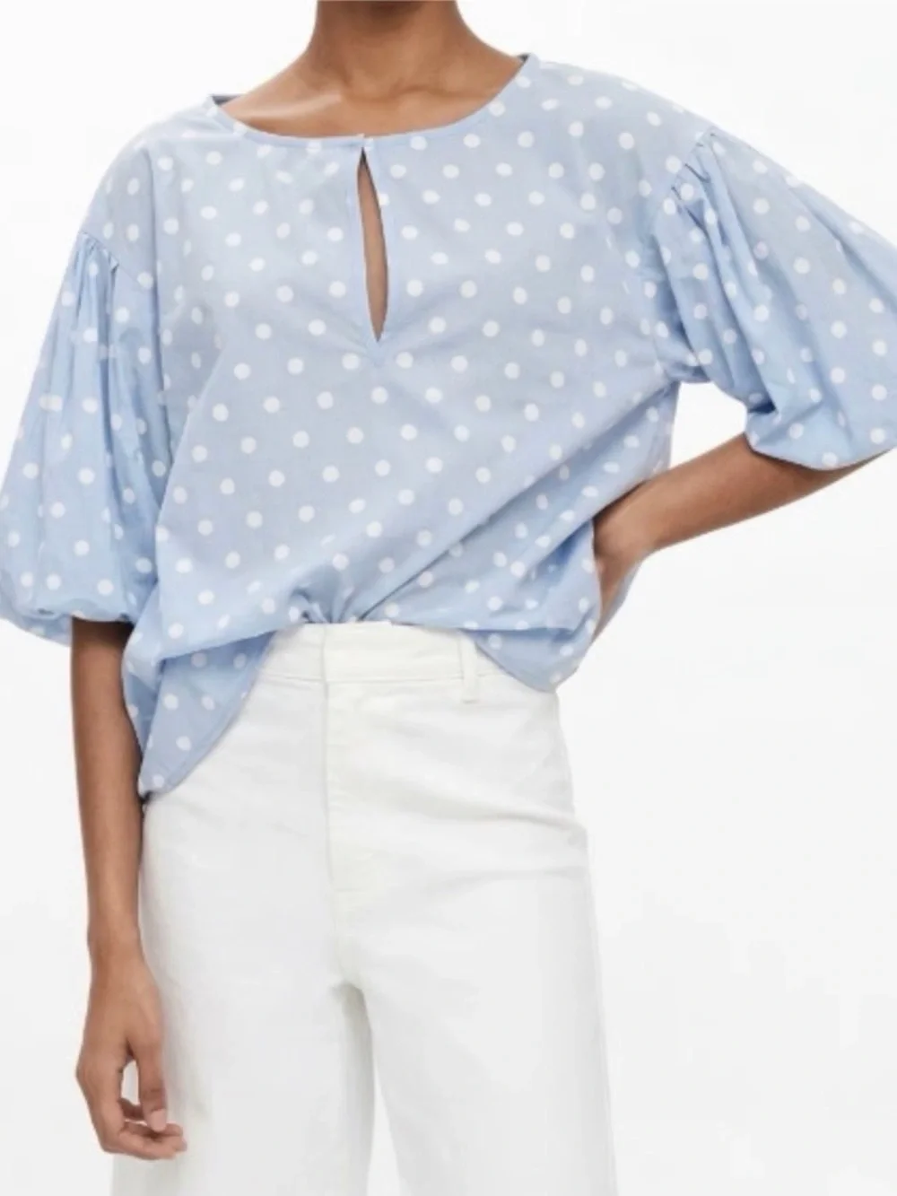 Zara Light Blue Embroidered Polka Dot Puff-Sleeve Top